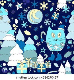 stock vector seamless winter background with cartoon cat and, tree and gift