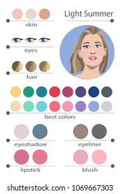 Stock vector seasonal color analysis palette for light summer. Best makeup colors for light summer type of female appearance. Face of young woman.