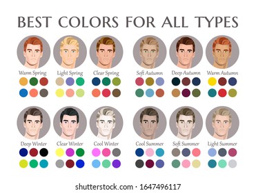 Stock Vector Seasonal Color Analysis Palette For All Types Of Male Appearance. Best Colors For 12 Types. Face Of Young Man