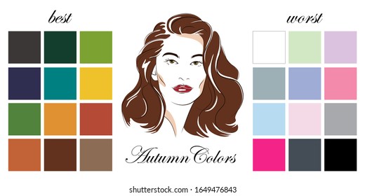 Stock vector seasonal color analysis palettes with best and worst colors for autumn type of female appearance. Face of young woman