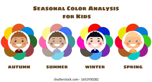 Stock vector seasonal color analysis palettes for different types of boys appearance. Best colors for Autumn, Summer, Winter, Spring