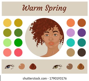 Stock vector seasonal color analysis palette for warm spring. Best colors for warm spring type of female appearance. Face of young african american woman