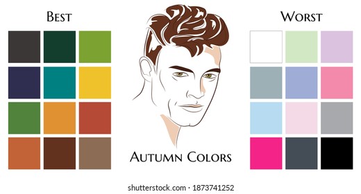 Stock vector seasonal color analysis palettes with best and worst colors for autumn type of male appearance. Face of young man