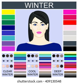 Stock Vector Seasonal Color Analysis Palette For Clear, Cool And Deep Winter. Set Of Three Winter Types Of Female Appearance And Face Of Young Woman