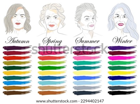 Stock vector seasonal color analysis palettes for all types of female appearance. Color guide with best colors for winter, summer, spring and autumn. Set of vector hand drawn elderly women  