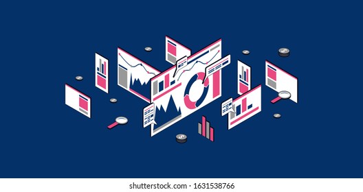 Stock vector seo analytics illustration. Concept of banner in flat design isometric style for website