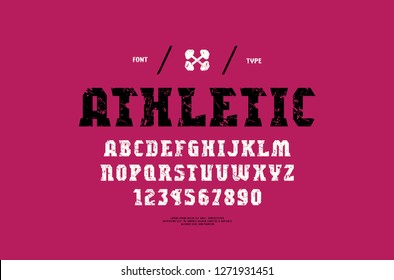 Stock vector serif font, alphabet, typeface. Letters and numbers with vintage texture for gym, workout, athletic logo and headline design