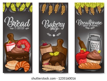 stock vector set of bakery, pastry, bread shop in chalkboard banner object illustration