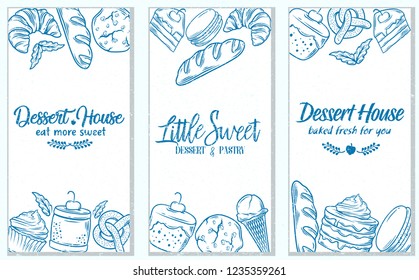 stock vector set of bakery, pastry, bread shop in chalk and blackboard style banner object illustration in white background