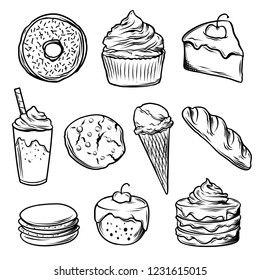 stock vector set of  black and white hand draw dessert, donut, ice cream, milkshake, baguette, cookies, macarons, muffin, cake, cupcake graphic object illustration