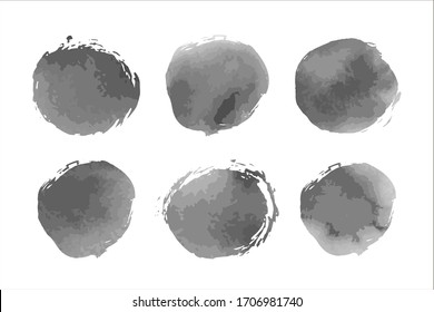 Conjunto vectorial de manchas de tinta en blanco y negro con textuta de color de agua. Para pinceles digitales, fondos abstractos, diseño monocromo. Elementos aislados e imitación dibujada a mano.  Fondo humeante.  