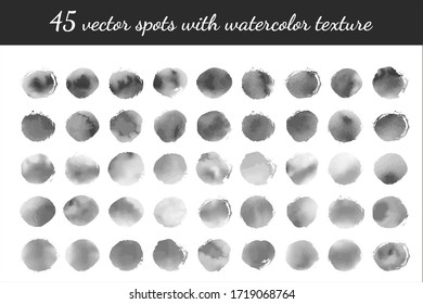 Stock vector set of black and white ink spots with watercolor textute. For digital brushes, abstract backgrounds, monochrome design. Isolated elements and hand drawn imitation.  Smoky backdrop.  