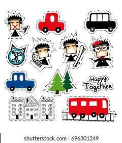 stock vector set of boys and cars