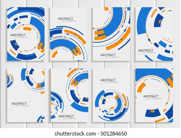 Stock vector set of brochures in abstract style. Design business templates with blue round, rectangular shapes on light gray background for printed material, element, web site, card, cover, wallpaper