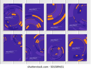 Stock vector set of brochures in abstract style. Design business templates with yellow round, rectangular shapes on purple background for printed materials, elements, web sites, card, cover, wallpaper