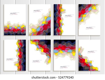 Stock vector set brochures in abstract style. Design business templates with round, uneven multicolored shapes on white backgrounds for printed materials, elements, web sites, cards, covers, wallpaper