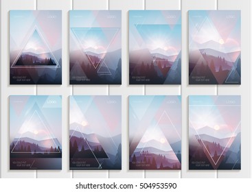 Stock vector set of brochures design business templates with abstract triangles and mountain landscape at sunset, dawn backgrounds for printed material, element, web site, cards, covers, wallpaper