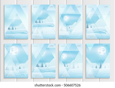 Stock vector set of brochures design Christmas templates with abstract triangles winter landscape New Year full moon night backgrounds for printed material, element, web site, cards, covers, wallpaper