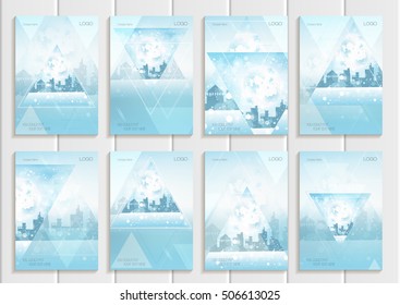 Stock vector set of brochures design Christmas templates, triangles, winter city landscape New Year glow full moon night background for printed material, element, web site, card, covers, wallpaper