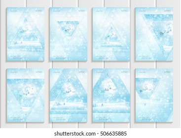 Stock vector set brochures design Christmas templates, triangles, silhouette Santa Claus in sleigh with reindeer winter landscape New Year glow full moon night backgrounds for printed material, covers