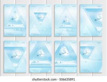 Stock vector set of brochures design Christmas templates, triangles, silhouette Santa Claus in sleigh with reindeer winter landscape New Year full moon night backgrounds for printed material, covers