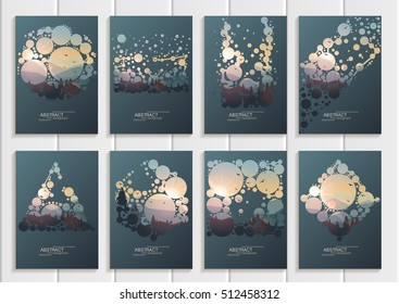 Stock vector set of brochures design business templates with abstract circles and mountain landscape at sunset, dawn backgrounds for printed material, element, web site, cards, covers, wallpaper