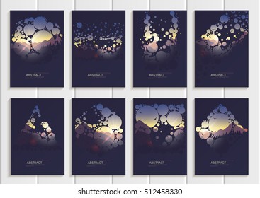 Stock vector set of brochures design business templates with abstract circles and mountain landscape at sunset, dawn backgrounds for printed material, element, web site, cards, covers, wallpaper