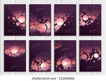Stock vector set of brochures design business templates with abstract circles and mountain landscape at sunset, dawn backgrounds for printed material, element, web site, cards, covers, wallpaper