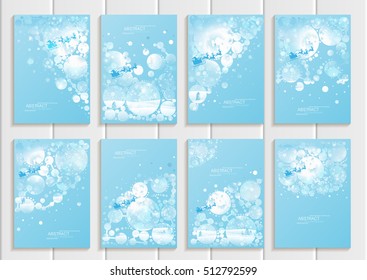 Stock vector set of brochures design Christmas templates, abstract circles, winter landscape New Year glow full moon night background for printed material, element, web site, card, covers, wallpaper