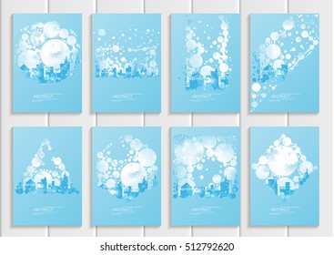 Stock vector set of brochures design Christmas templates, abstract circles, winter landscape New Year glow full moon night background for printed material, element, web site, card, covers, wallpaper