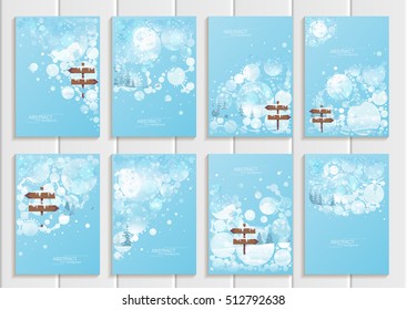 Stock vector set of brochures design Christmas templates, abstract circles, winter landscape New Year glow full moon night background for printed material, element, web site, card, covers, wallpaper