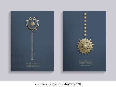 Stock vector set of brochures with gold 3d emblems. Elegant abstract composition, creative round shape icon,  banner in golden and navy blue tones. Vintage style. Design templates. Size A4, vertical. 