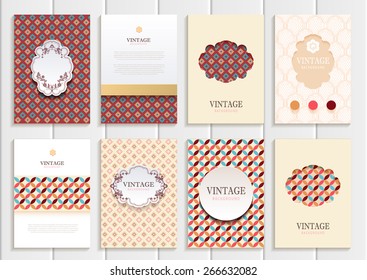 stock vector set of brochures in vintage style design templates frames and backgrounds. Use for printed materials, signs, elements, web sites, cards