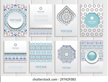 stock vector set of brochures in vintage style design templates frames and backgrounds. Use for printed materials, signs, elements, web sites, cards