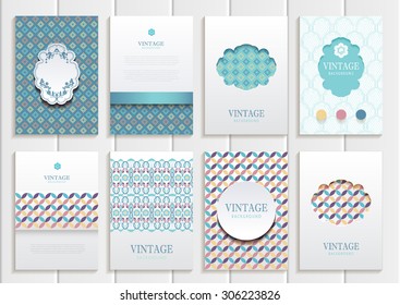 stock vector set of brochures in vintage style design templates frames and backgrounds. Use for printed materials, signs, elements, web sites, cards