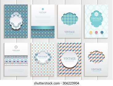 stock vector set of brochures in vintage style design templates frames and backgrounds. Use for printed materials, signs, elements, web sites, cards