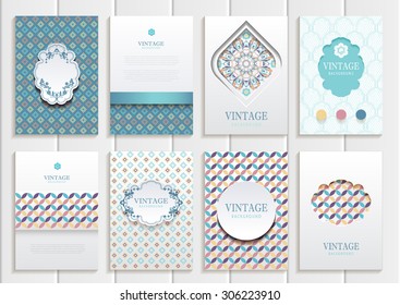 stock vector set of brochures in vintage style design templates frames and backgrounds. Use for printed materials, signs, elements, web sites, cards
