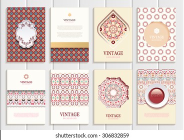 stock vector set of brochures in vintage style design templates frames and backgrounds. Use for printed materials, signs, elements, web sites, cards