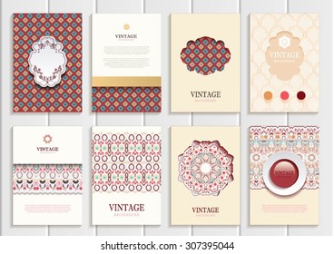 stock vector set of brochures in vintage style design templates frames and backgrounds. Use for printed materials, signs, elements, web sites, cards