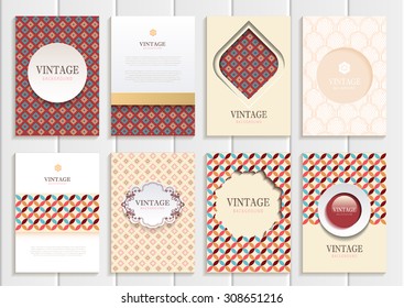 stock vector set of brochures in vintage style design templates frames and backgrounds. Use for printed materials, signs, elements, web sites, cards