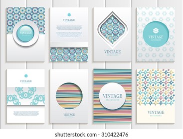 stock vector set of brochures in vintage style design templates frames and backgrounds. Use for printed materials, signs, elements, web sites, cards