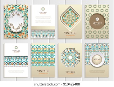 stock vector set of brochures in vintage style design templates frames and backgrounds. Use for printed materials, signs, elements, web sites, cards