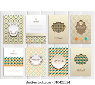 stock vector set of brochures in vintage style design templates frames and backgrounds. Use for printed materials, signs, elements, web sites, cards