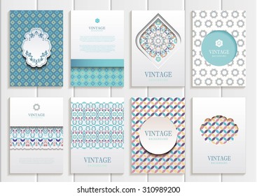 stock vector set of brochures in vintage style design templates frames and backgrounds. Use for printed materials, signs, elements, web sites, cards