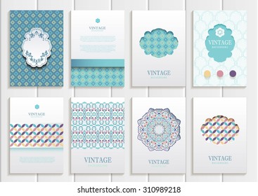 stock vector set of brochures in vintage style design templates frames and backgrounds. Use for printed materials, signs, elements, web sites, cards