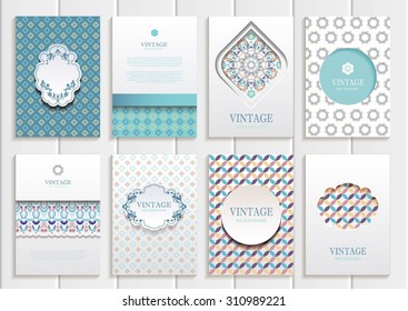 stock vector set of brochures in vintage style design templates frames and backgrounds. Use for printed materials, signs, elements, web sites, cards