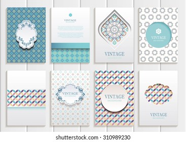 stock vector set of brochures in vintage style design templates frames and backgrounds. Use for printed materials, signs, elements, web sites, cards