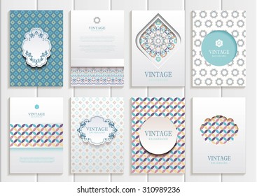 stock vector set of brochures in vintage style design templates frames and backgrounds. Use for printed materials, signs, elements, web sites, cards