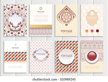 stock vector set of brochures in vintage style design templates frames and backgrounds. Use for printed materials, signs, elements, web sites, cards