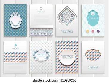 stock vector set of brochures in vintage style design templates frames and backgrounds. Use for printed materials, signs, elements, web sites, cards